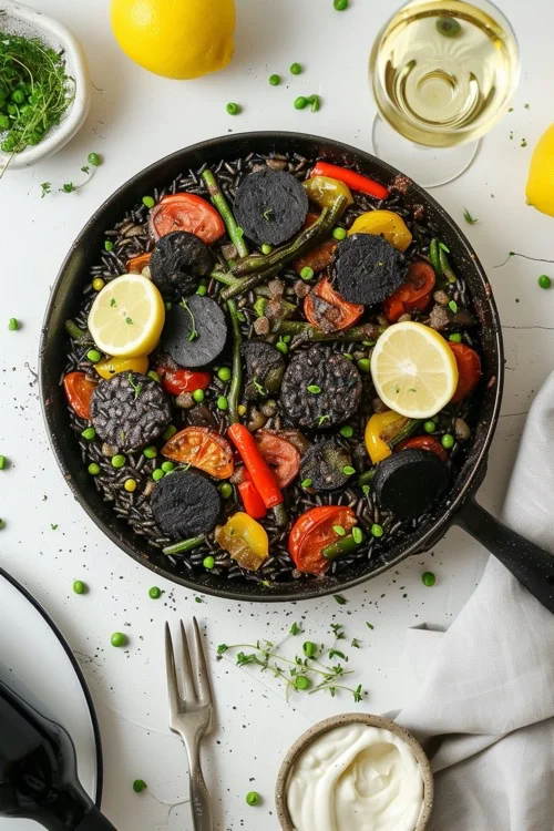 Arroz negro con verduras y morcilla