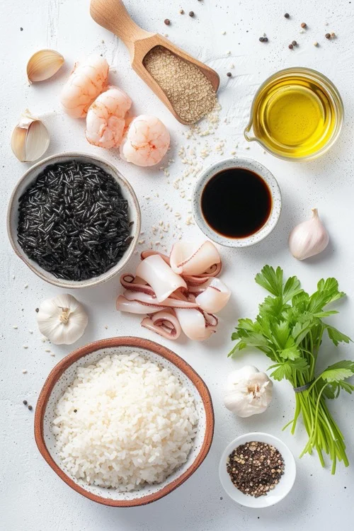 ingredientes arroz negro con calamares y gambas